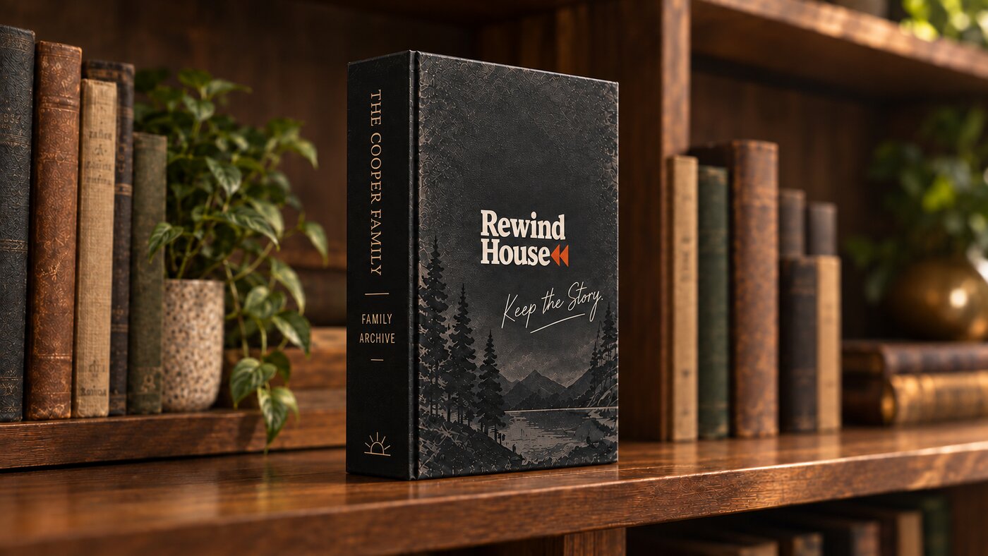 The Signature edition Family Archive: a charcoal case with a faded mountain-lake print, standing on a bookshelf