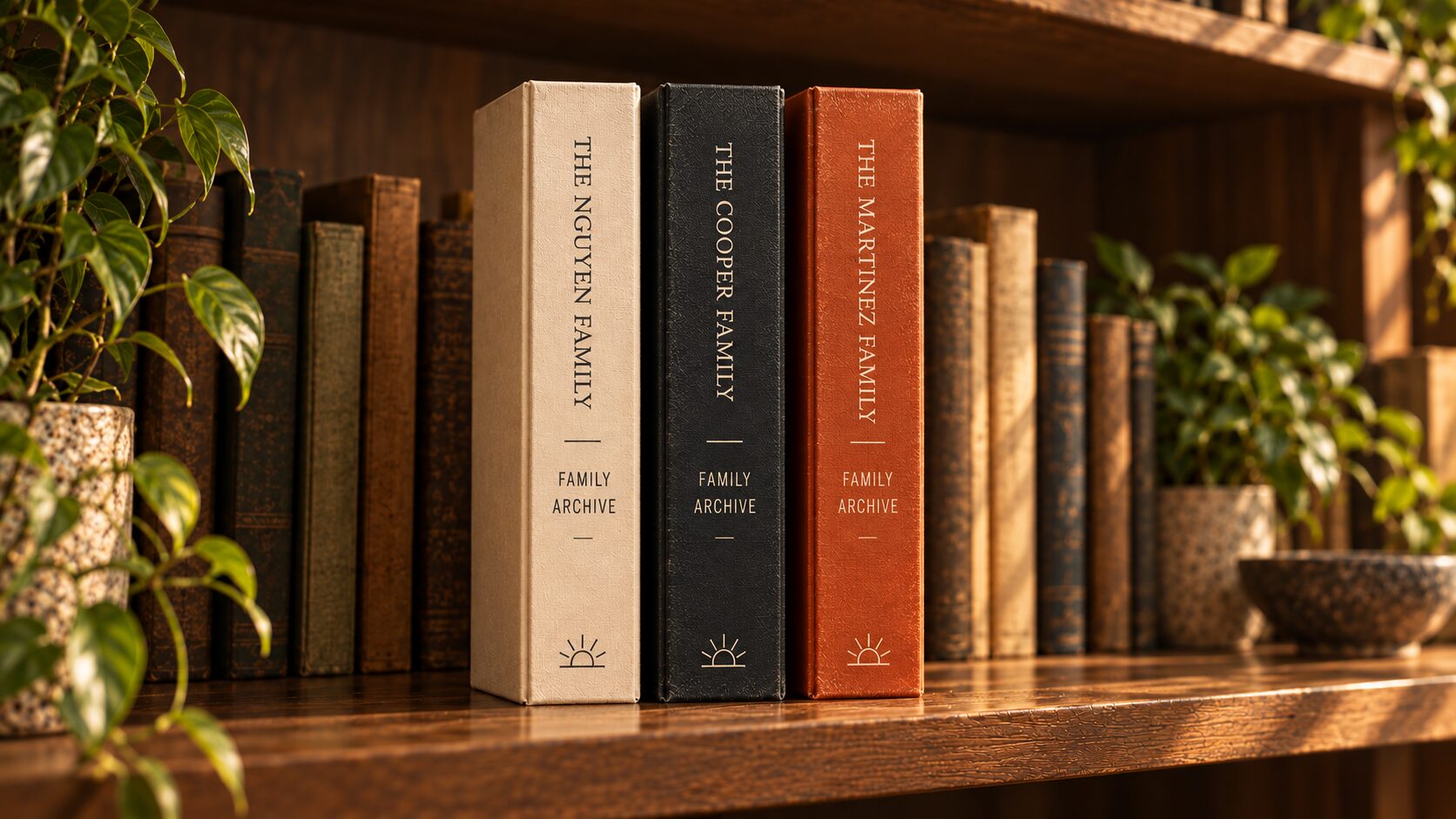 Classic, Signature and Heritage spines side by side on a bookshelf, reading The Nguyen Family, The Cooper Family and The Martinez Family